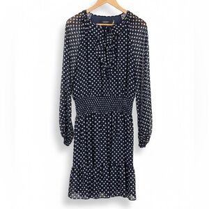 Lauren Ralph Lauren Polka Dot Chiffon Midi Dress Smocked Waist Navy Size 12